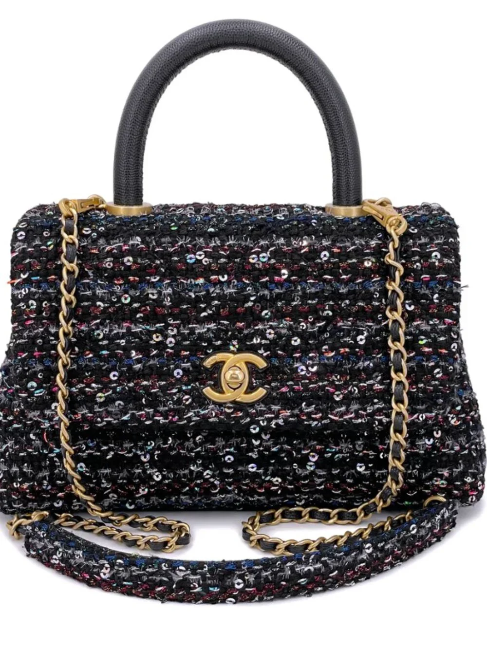 Chanel 2020 Métiers d’Art Black SequinFantasy Tweed Coco Handle Bag NIB Full Set